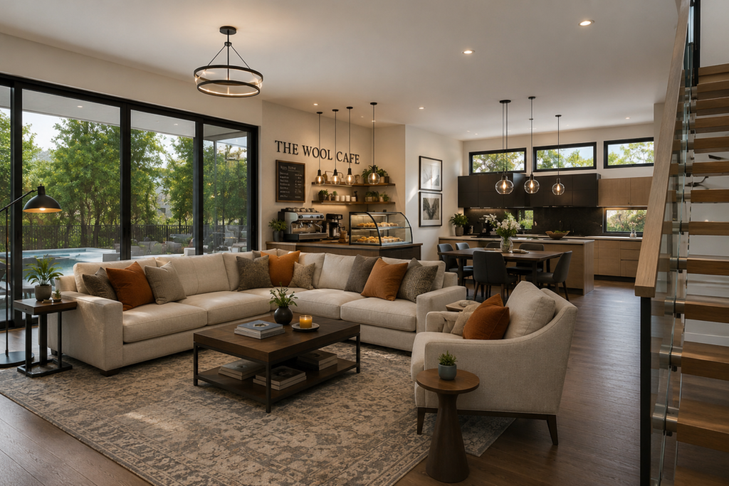 Modern living room featuring a premium wool area rug (Wollmatte) with contemporary furniture and open-plan interior design.