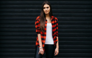 Man wearing one of several flannel outfit ideas with a graphic tee and jacket